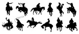 Cowboy riding horse black silhouettes set. Cowboy galloping with lasso, shooting from gun - Western traditional elements collection. Monochrome vector illustrations isolated on white background.