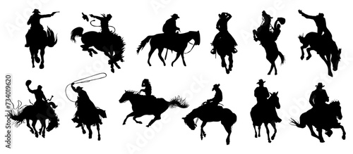 Cowboy riding horse black silhouettes set. Cowboy galloping with lasso, shooting from gun - Western traditional elements collection. Monochrome vector illustrations isolated on white background. photo
