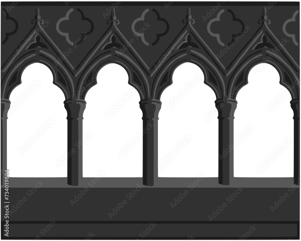 Fototapeta premium Gothic decorated arcade stylized drawing. Stone ornamented triforium illustration. Medieval balustrade; vector