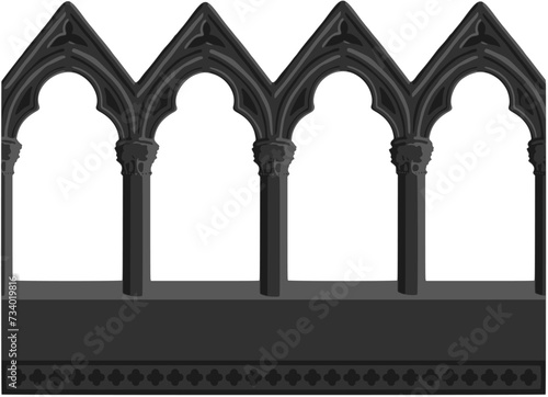 Gothic decorated arcade stylized drawing. Stone ornamented triforium illustration. Medieval  balustrade; vector photo