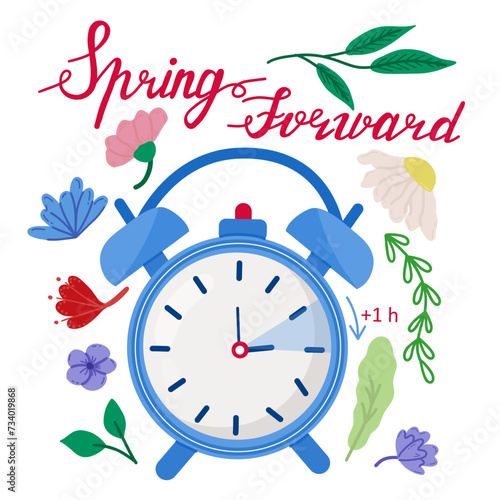 Daylight Saving Time concept banner. Vector illustration of clock.. Spring Forward concept in cartoon doodle style with funny clock flower and schedule of changing clocks  on summertime