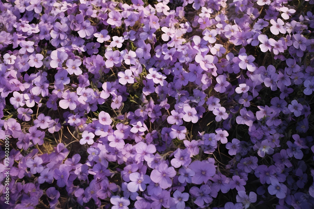 A top-down perspective of a field of violets, the delicate purple blooms creating a serene backdrop for text.