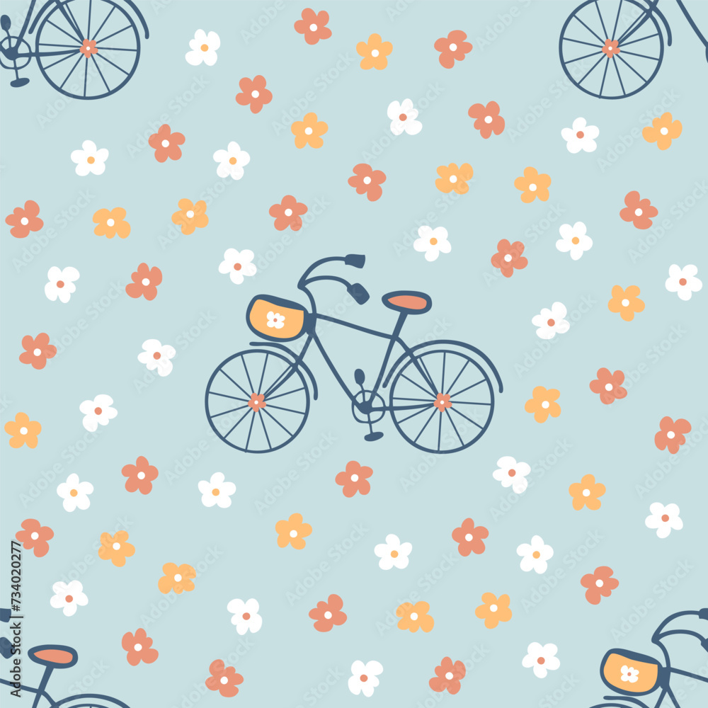 Fototapeta premium Biking bliss seamless pattern with simple daizy flowers. Summer aesthetic print for fabric, paper, textile. Hand drawn vector illustration.