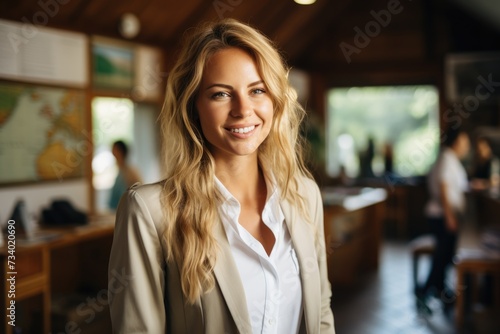 Young confident woman travel agent. ai generated