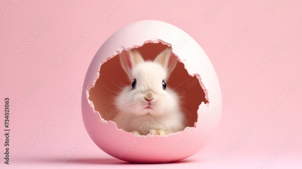 Cute Easter bunny hatching from pink Easter egg isolated on pastel pink background with copy space, Happy Easter banner with adorable rabbit Cute Easter bunny hatching from pink Easter egg isolated on pastel pink background with copy space, Happy Easter banner with adorable rabbit