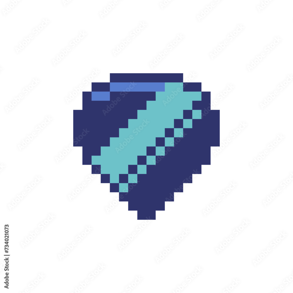 Fototapeta premium Shield item for gaming interface. Pixel art icon. Flat vector elements for mobile arcade and casual game. 8-bit sprite.