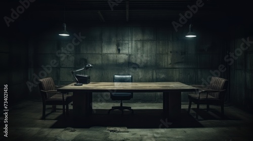 Director's office with large wooden table., gritty interrogation room with single bright light overhead