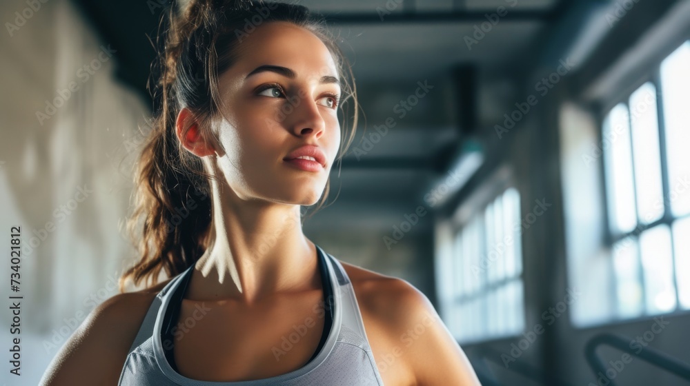 Workout, a motivated woman, active lifestyle. A young woman in a reflective moment at the gym, her gaze suggesting determination and focus Workout, a motivated woman, active lifestyle. A young woman in a reflective moment at the gym, her gaze suggesting determination and focus