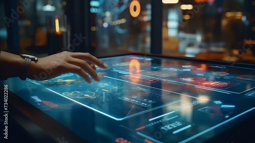 A close-up shot of financial analysts using touch controls on a transparent desk to navigate through a captivating