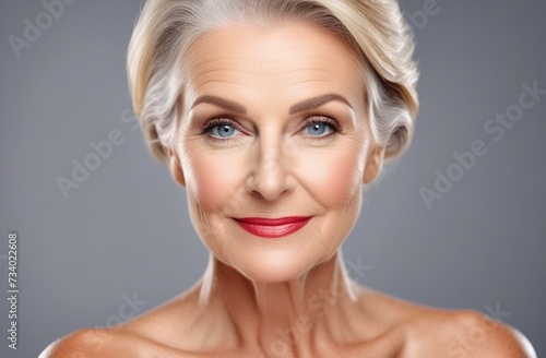 Beautiful gorgeous 50s mid aged mature woman looking at camera isolated on white. Healthy face skin care beauty  middle age skincare