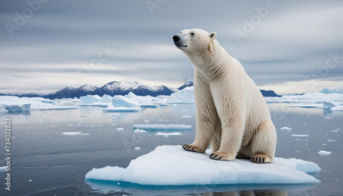 Polar bear perched on floating ice in ocean