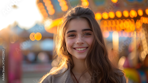 A girl with long hair is smiling at the camera. She is at a carnival with a ferry wheel in the background.