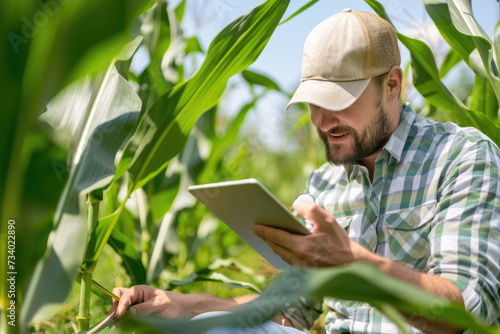 agronomist inspecting corn crops growing in farm field, using tablet as a notebook
