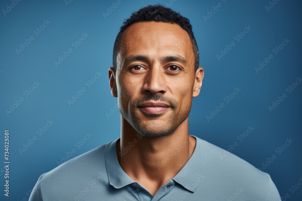 Portrait of handsome African-American man in blue shirt on blue background Portrait of handsome African-American man in blue shirt on blue background