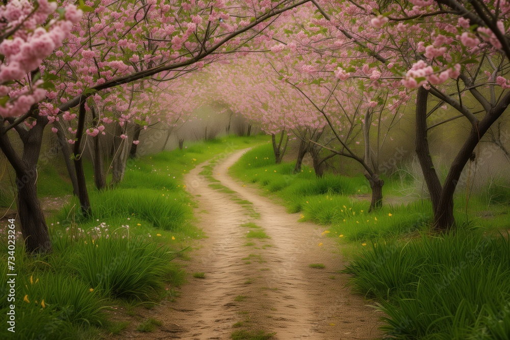 enchanting orchard path, framed by the vibrant pink blossoms of spring, invites a tranquil walk amidst the beauty of nature, earthen trail winds through the soft grass, dotted with yellow wildflowers enchanting orchard path, framed by the vibrant pink blossoms of spring, invites a tranquil walk amidst the beauty of nature, earthen trail winds through the soft grass, dotted with yellow wildflowers