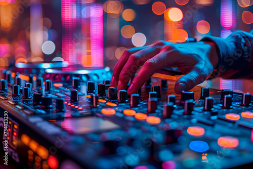 DJ's hand adjusting a mixer on a DJ console with colorful blurred lights in the background