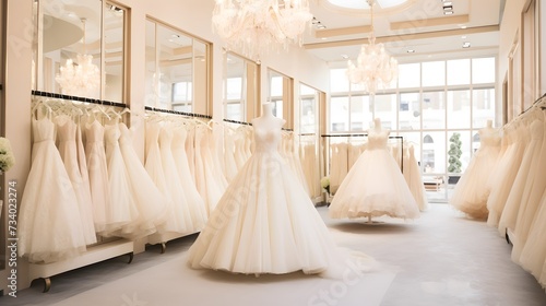 A collection of stunning wedding dresses showcases diverse styles and intricate designs in a well-lit bridal boutique photo