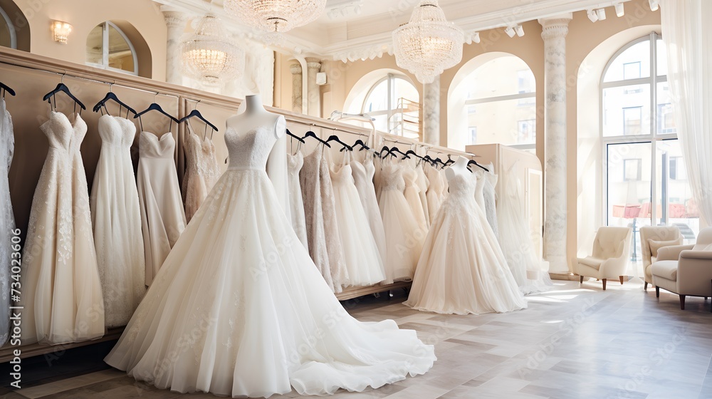 A collection of stunning wedding dresses showcases diverse styles and intricate designs in a well-lit bridal boutique
