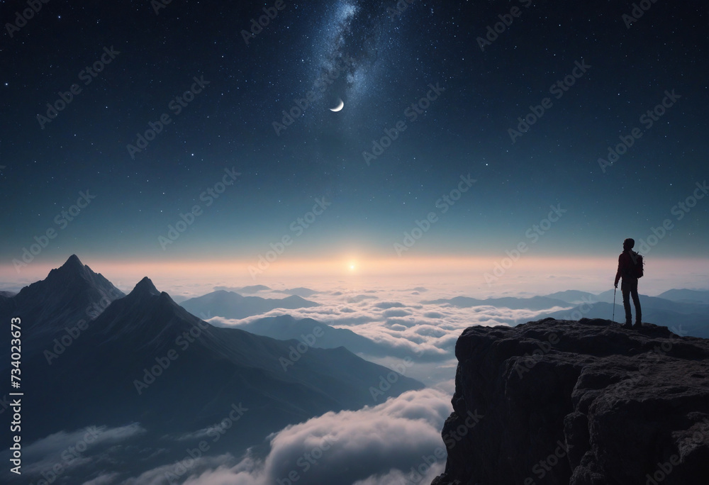 Man standing on mountain cliff under starry night sky Man standing on mountain cliff under starry night sky