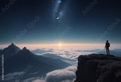 Man standing on mountain cliff under starry night sky