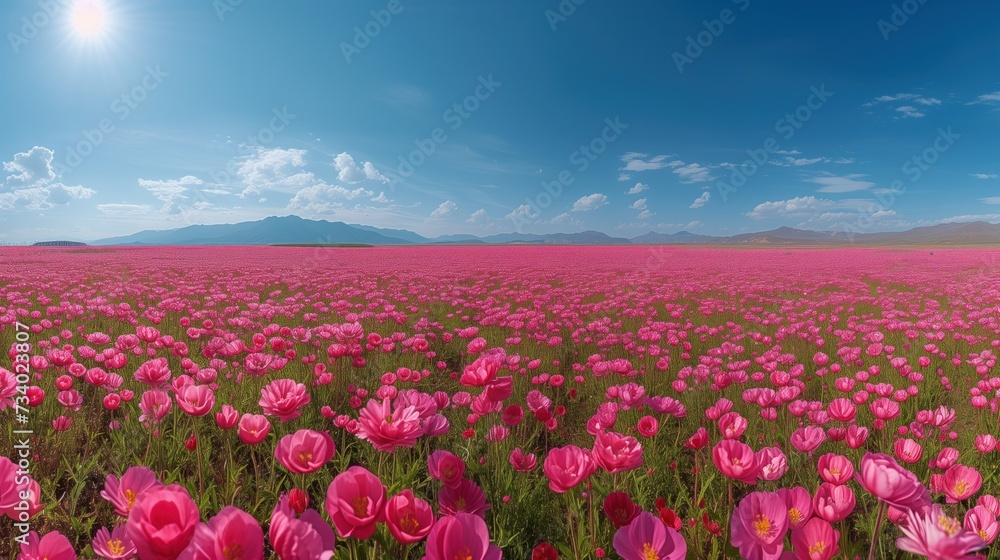 endless field of vibrant pink flowers under a bright blue sky. The sun shines brilliantly, casting a glow over the petals, while distant mountains provide a majestic backdrop. endless field of vibrant pink flowers under a bright blue sky. The sun shines brilliantly, casting a glow over the petals, while distant mountains provide a majestic backdrop.