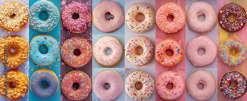 a collage of donuts with different colored sprinkles  photo