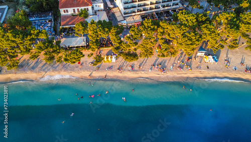 Aerial view of the beach and waves.