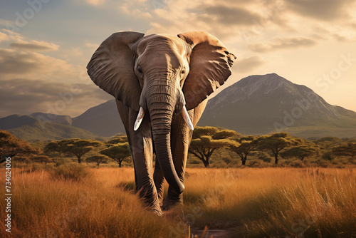 Portrait of an African elephant in the savannah against the background of mountains photo