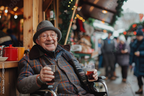 Happy senior man in wheelchair drinking mulled wine at Christmas fair
