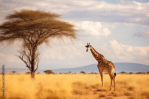 Portrait of Giraffe grazing near African Acacia tree in the savanna