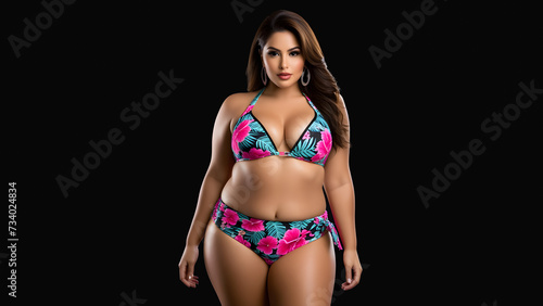 full body portrait of a big unhealthy fat Latina model in a bikini isolated on a solid black background