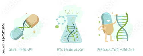 Biotechnology, genetic testing and gene therapy. Vector illustration