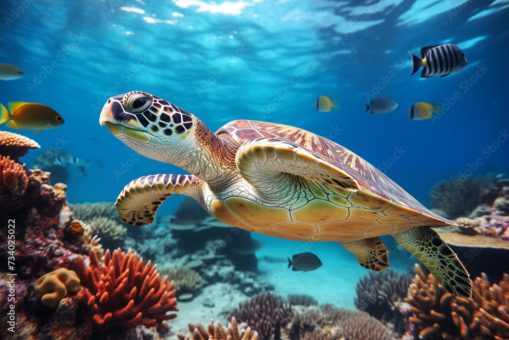 Fototapeta premium Green sea turtle swimming in the blue ocean. Underwater world on coral reef