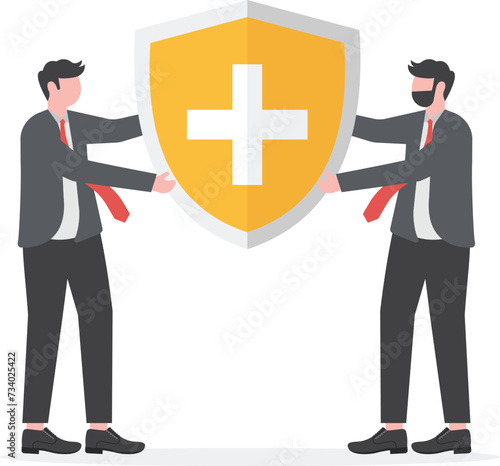 Team holding shields against business. Teamwork unity
