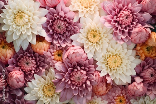 Aerial perspective of blooming chrysanthemums on a pastel canvas, providing space for creative text. © Kanwal