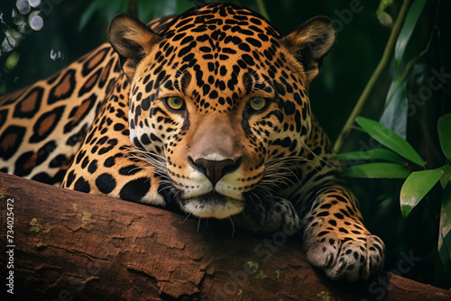 Close up portrait of jaguar lying on a log in the jungle. Panthera onca.
