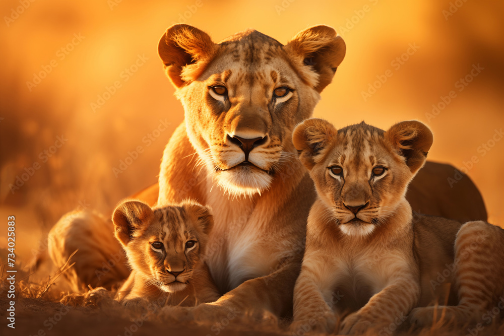 Portrait of Lioness with her cubs sitting in the savannah at sunset
