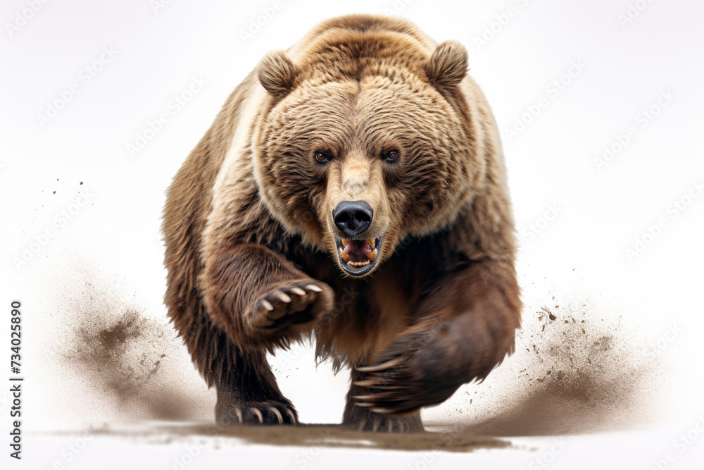 Fototapeta premium Brown Bear Charging on a White Background. Beautiful animal portrait.