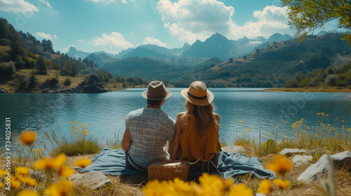 Fototapeta Naklejka Na Ścianę i Meble -  A couple sits on a grassy hillside covered in wild grasses. They are looking out over a lake surrounded by mountains. The sun is setting behind them