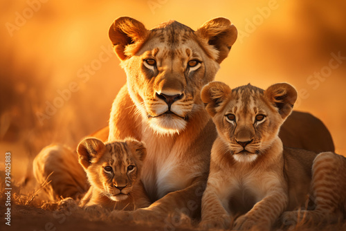 Portrait of Lioness with her cubs sitting in the savannah at sunset © Татьяна Евдокимова