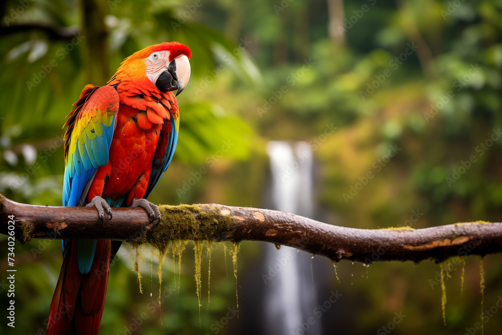 Colorful macaw parrot sitting on branch with waterfall in background