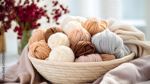 Craft knitting hobby background with yarn in natural colors. Recomforting hobby to reduce stress for cold fall and winter weather. photo