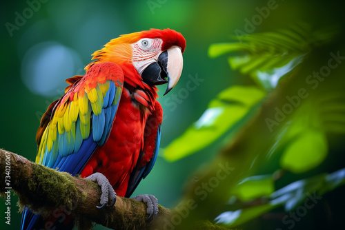 Beautiful Scarlet macaw bird sitting on the branch in the forest