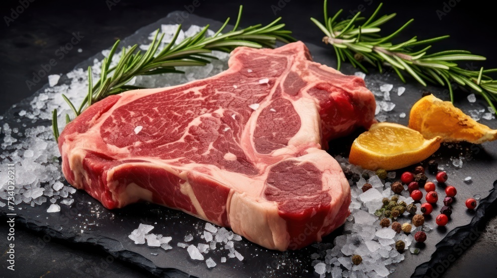 Dry-aged Raw T-bone or porterhouse beef steak with herbs and salt. On a black stone background.