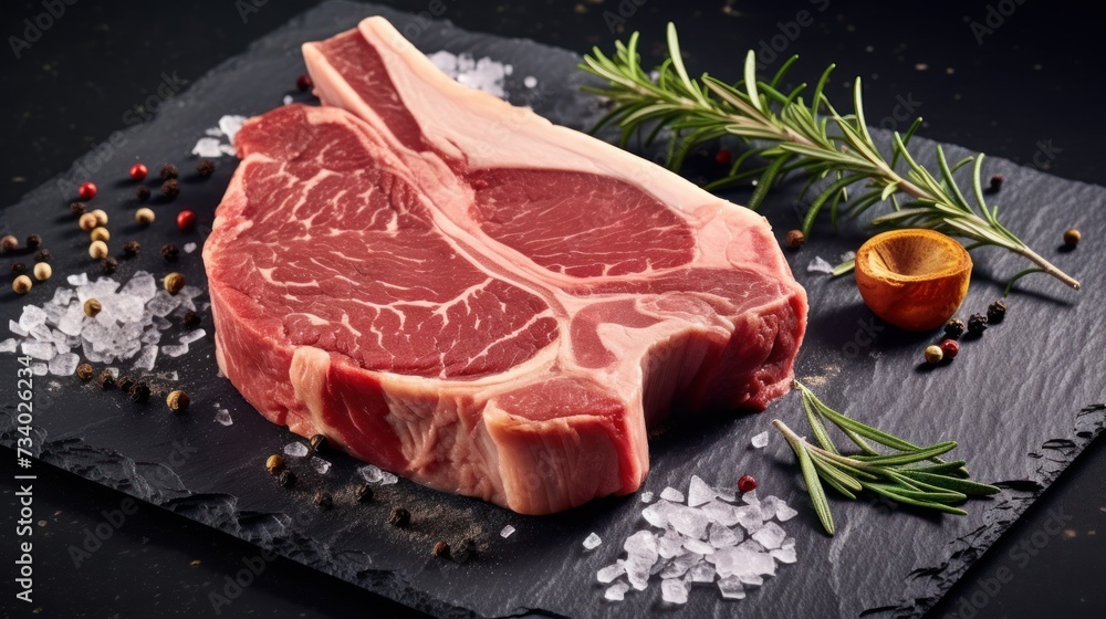 Dry-aged Raw T-bone or porterhouse beef steak with herbs and salt. On a black stone background.