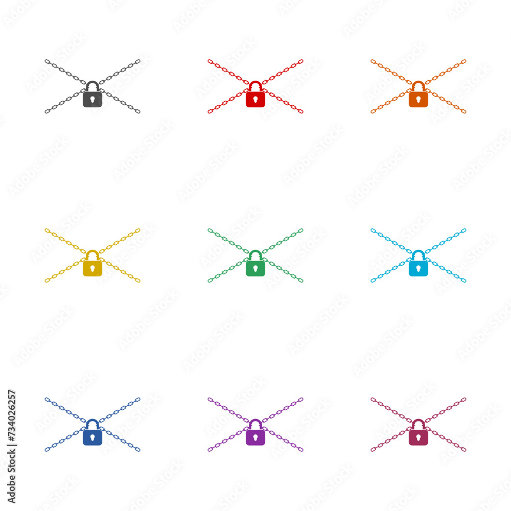 Padlock and metal chain icon isolated on white background. Set icons colorful Padlock and metal chain icon isolated on white background. Set icons colorful
