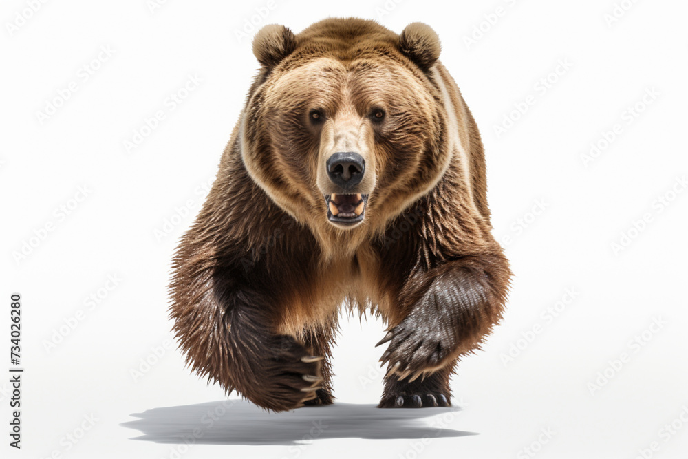Fototapeta premium Brown Bear Charging on a White Background. Beautiful animal portrait.