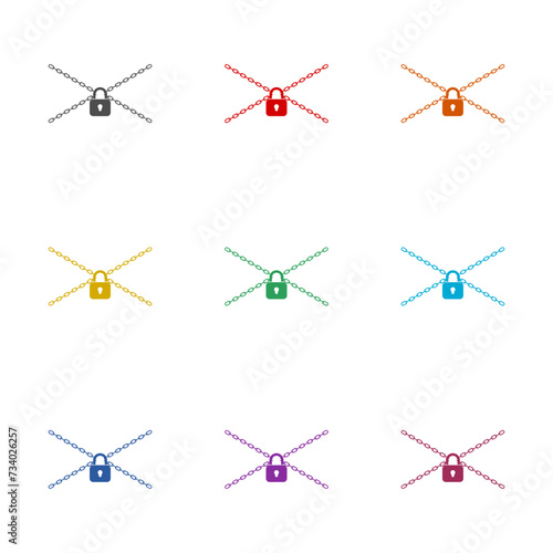 Padlock and metal chain  icon isolated on white background. Set icons colorful