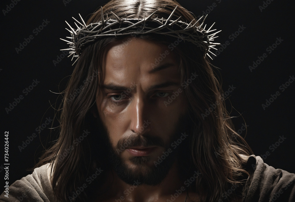 Jesus Christ's somber image wearing a crown of thorns. Jesus Christ's somber image wearing a crown of thorns.