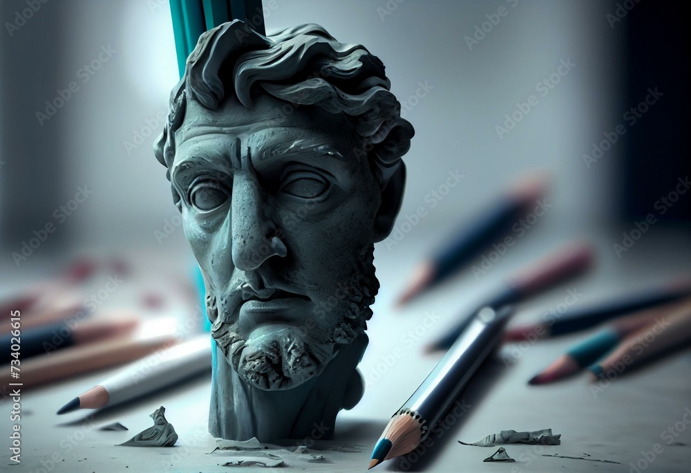 Statue face partially erased by pencils with eraser, metaphorically represents cancel culture and historical revisionism, 3d illustration, 3d rendering. Generative AI - obrazy, fototapety, plakaty 